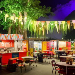 An outdoor food court for an event, creatively set up with budget-friendly food stalls. There is an array of culinary options, and the area is adorned with inventive decors, lending a vibrant and inviting atmosphere.