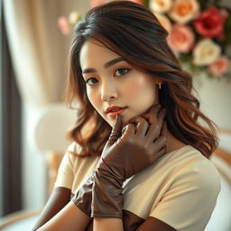 A beautiful young woman wearing elegant long gloves, showcasing a graceful demeanor with soft lighting accentuating her features