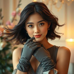 A beautiful young woman wearing elegant long gloves, showcasing a graceful demeanor with soft lighting accentuating her features