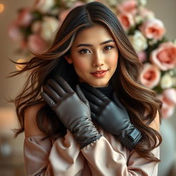 A beautiful young woman wearing elegant long gloves, showcasing a graceful demeanor with soft lighting accentuating her features