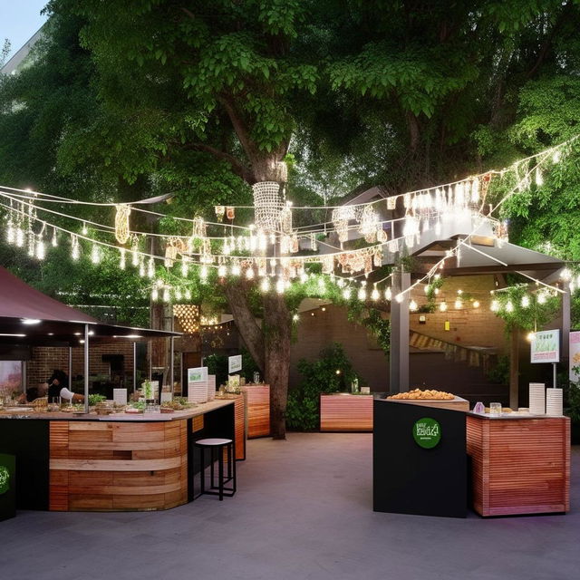 An outdoor food court for an event, creatively set up with budget-friendly food stalls. There is an array of culinary options, and the area is adorned with inventive decors, lending a vibrant and inviting atmosphere.