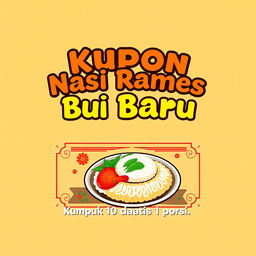 A visually appealing coupon design featuring the text 'Kupon Nasi Rames Bu Baru' prominently at the top in bold, attractive fonts