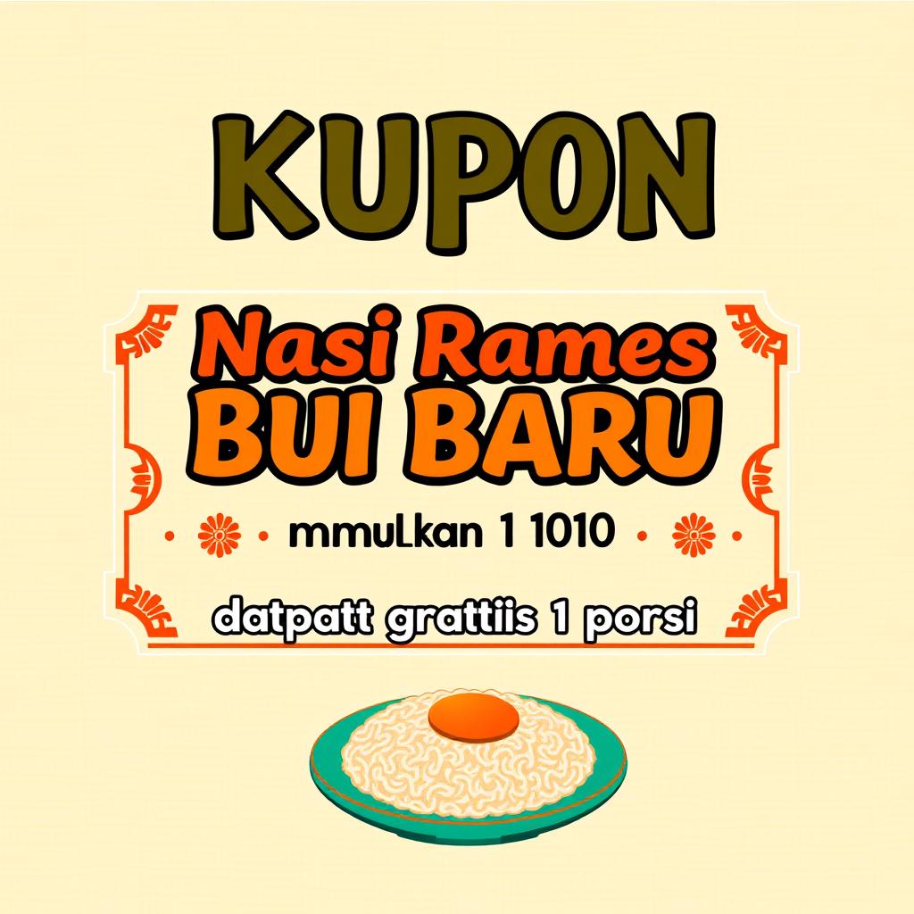 A visually appealing coupon design featuring the text 'Kupon Nasi Rames Bu Baru' prominently at the top in bold, attractive fonts