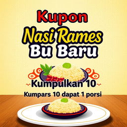 A visually appealing coupon design featuring the text 'Kupon Nasi Rames Bu Baru' prominently at the top in bold, attractive fonts