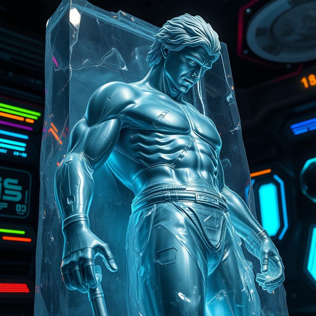 A lifelike carbonite statue of a heroic figure, exuding strength and nobility, intricately detailed with blaster marks and battle scars