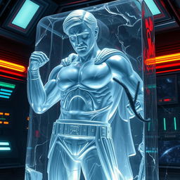 A lifelike carbonite statue of a heroic figure, exuding strength and nobility, intricately detailed with blaster marks and battle scars