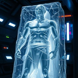 A lifelike carbonite statue of a heroic figure, exuding strength and nobility, intricately detailed with blaster marks and battle scars