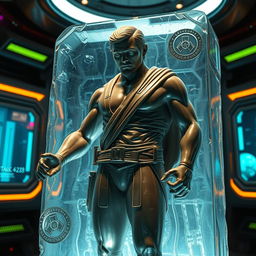 A lifelike carbonite statue of a heroic figure, exuding strength and nobility, intricately detailed with blaster marks and battle scars