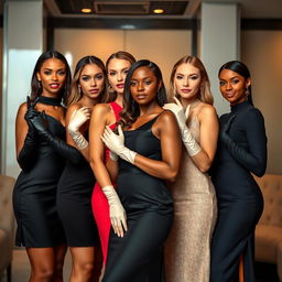 A group of beautiful women standing together, each wearing elegant long gloves that accentuate their outfits