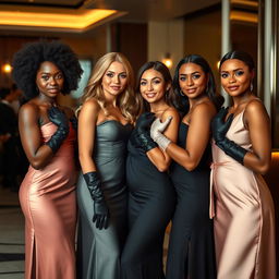 A group of beautiful women standing together, each wearing elegant long gloves that accentuate their outfits