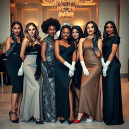 A group of beautiful women standing together, each wearing elegant long gloves that accentuate their outfits