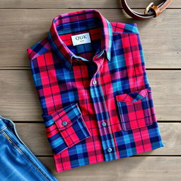 A stylish plaid shirt, neatly folded on a rustic wooden table