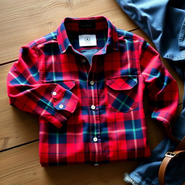 A stylish plaid shirt, neatly folded on a rustic wooden table