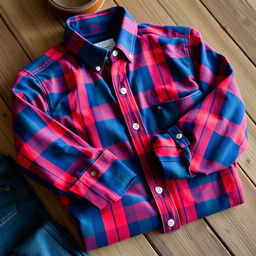 A stylish plaid shirt, neatly folded on a rustic wooden table
