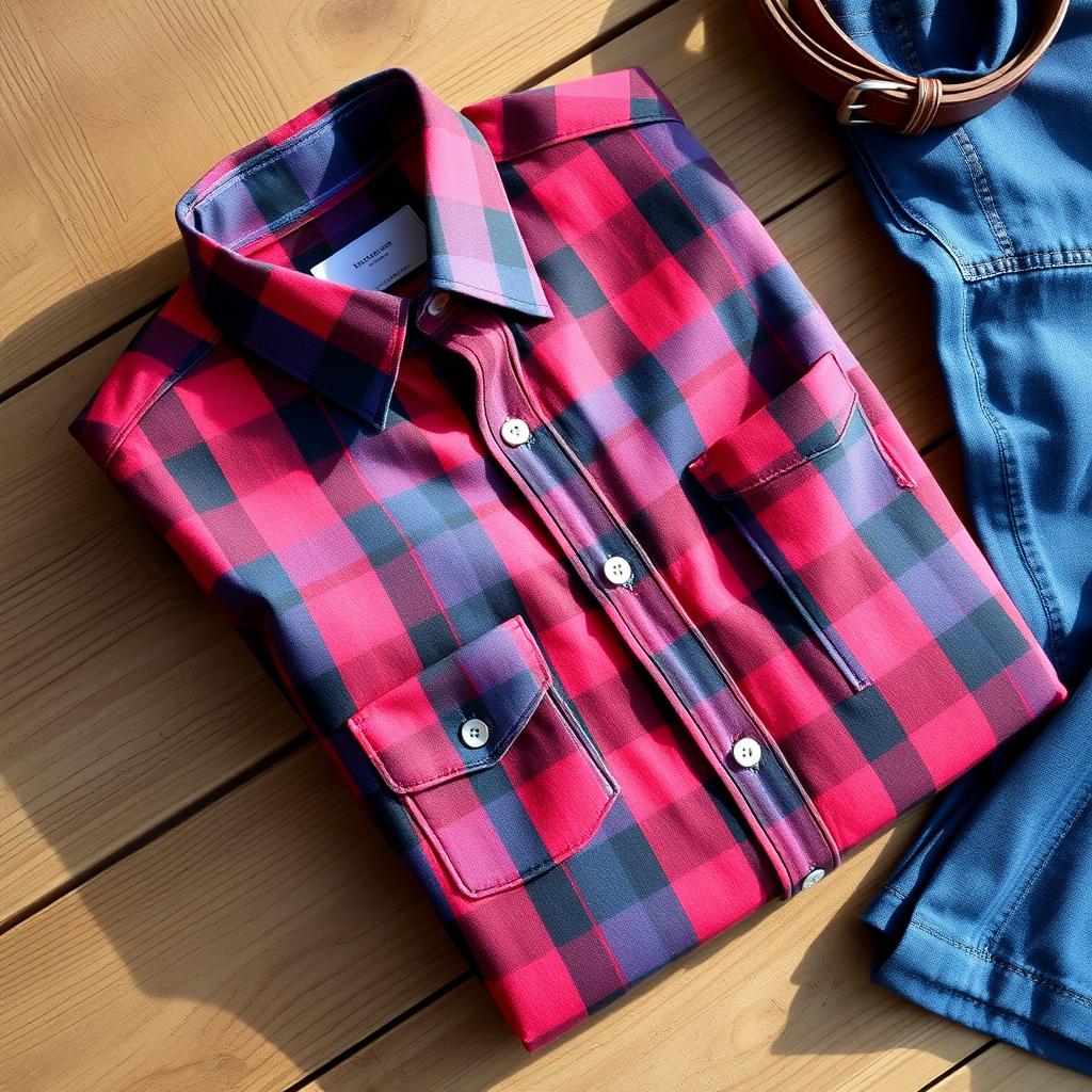 A stylish plaid shirt, neatly folded on a rustic wooden table