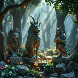 A captivating scene depicting Narnian characters transformed into stone statues, set in a mystical forest of Narnia