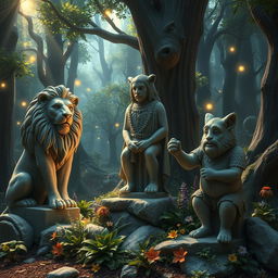 A captivating scene depicting Narnian characters transformed into stone statues, set in a mystical forest of Narnia