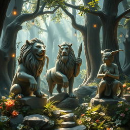 A captivating scene depicting Narnian characters transformed into stone statues, set in a mystical forest of Narnia