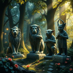 A captivating scene depicting Narnian characters transformed into stone statues, set in a mystical forest of Narnia
