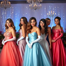 A stunning scene featuring beautiful women wearing elegant prom dresses, each adorned with long satin gloves
