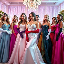 A stunning scene featuring beautiful women wearing elegant prom dresses, each adorned with long satin gloves