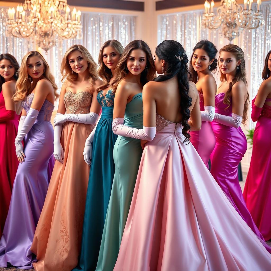 A stunning scene featuring beautiful women wearing elegant prom dresses, each adorned with long satin gloves