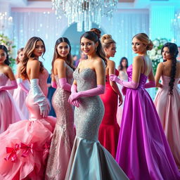 A stunning scene featuring beautiful women wearing elegant prom dresses, each adorned with long satin gloves