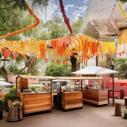 An outdoor food court for an event, creatively set up with budget-friendly food stalls. There is an array of culinary options, and the area is adorned with inventive decors, lending a vibrant and inviting atmosphere.