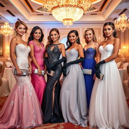 A stunning scene featuring beautiful women in elegant prom dresses, each complemented by stylish gloves