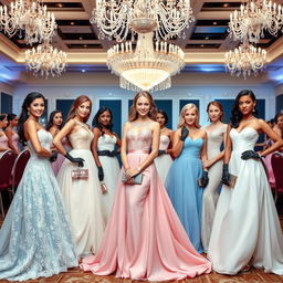 A stunning scene featuring beautiful women in elegant prom dresses, each complemented by stylish gloves