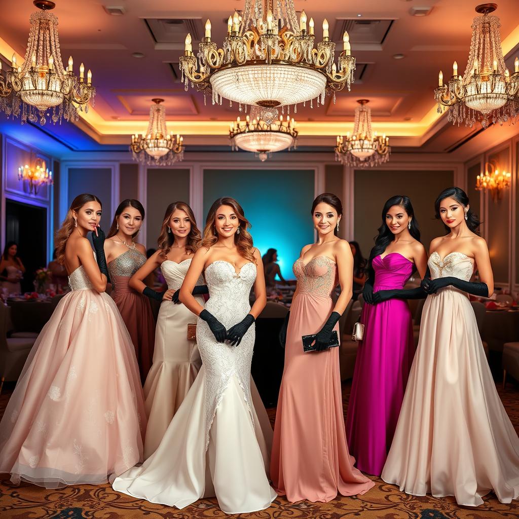 A stunning scene featuring beautiful women in elegant prom dresses, each complemented by stylish gloves
