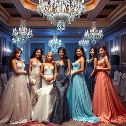 A stunning scene featuring beautiful women in elegant prom dresses, each complemented by stylish gloves
