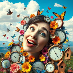 A surreal digital art piece featuring a woman's face, tilted slightly to the side with her mouth open as if she is making a silly expression