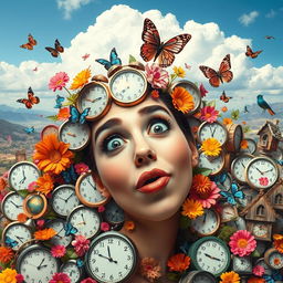 A surreal digital art piece featuring a woman's face, tilted slightly to the side with her mouth open as if she is making a silly expression