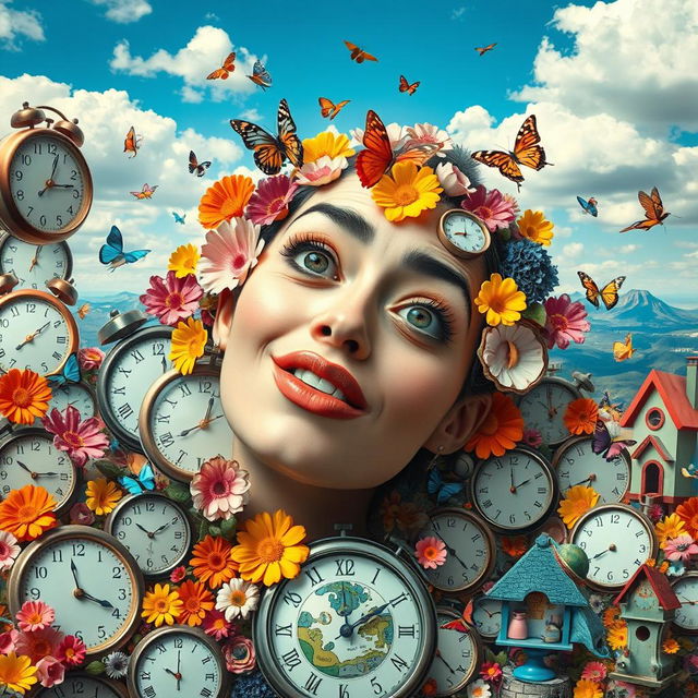 A surreal digital art piece featuring a woman's face, tilted slightly to the side with her mouth open as if she is making a silly expression