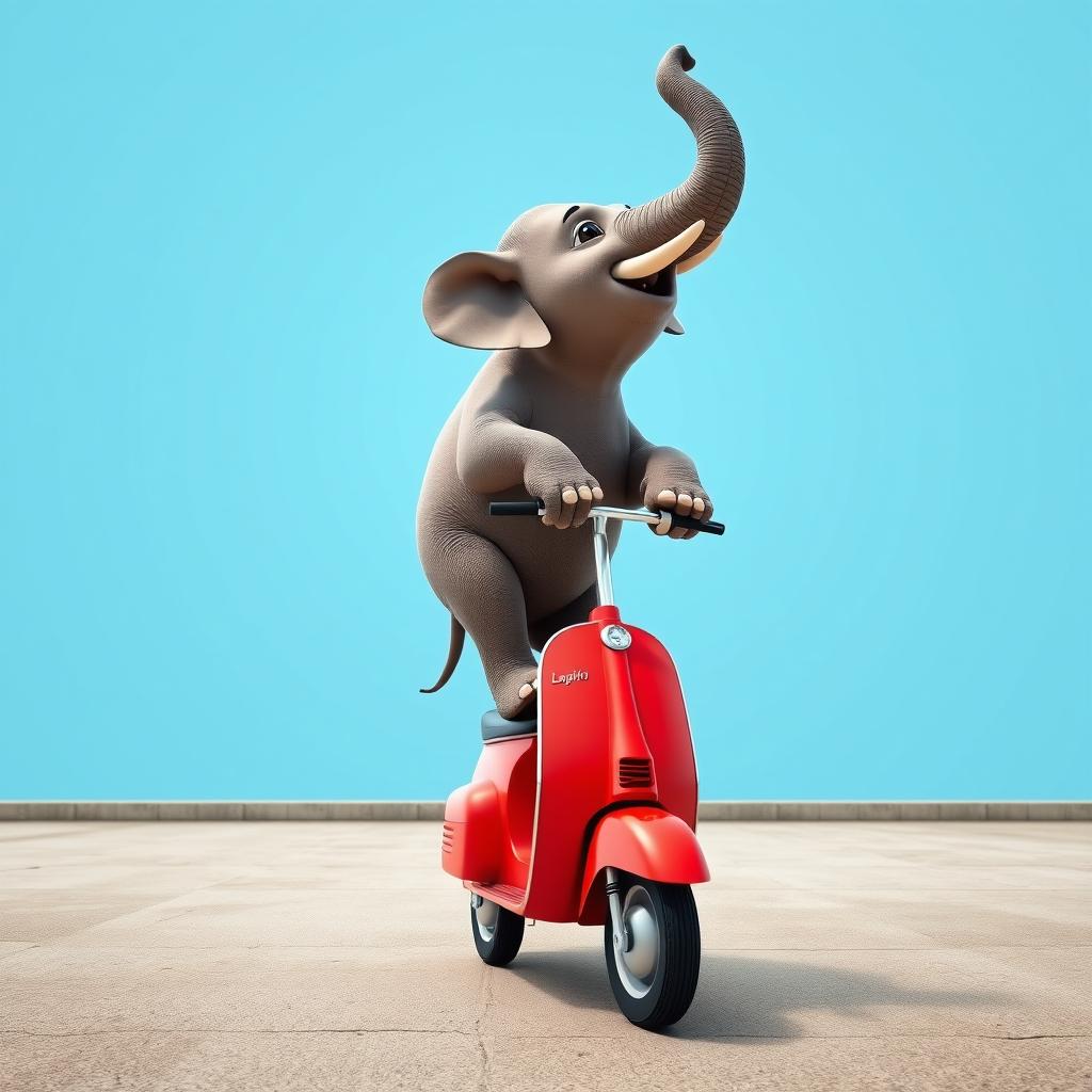 A playful 3D rendering of an elephant standing confidently on its hind legs on a bright red scooter