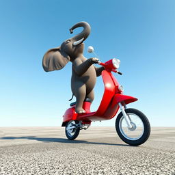 A playful 3D rendering of an elephant standing confidently on its hind legs on a bright red scooter