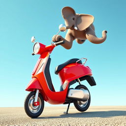 A playful 3D rendering of an elephant standing confidently on its hind legs on a bright red scooter