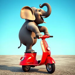 A playful 3D rendering of an elephant standing confidently on its hind legs on a bright red scooter