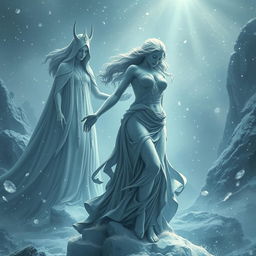 A captivating scene depicting a female figure transformed into a stone statue by Jadis, the White Witch