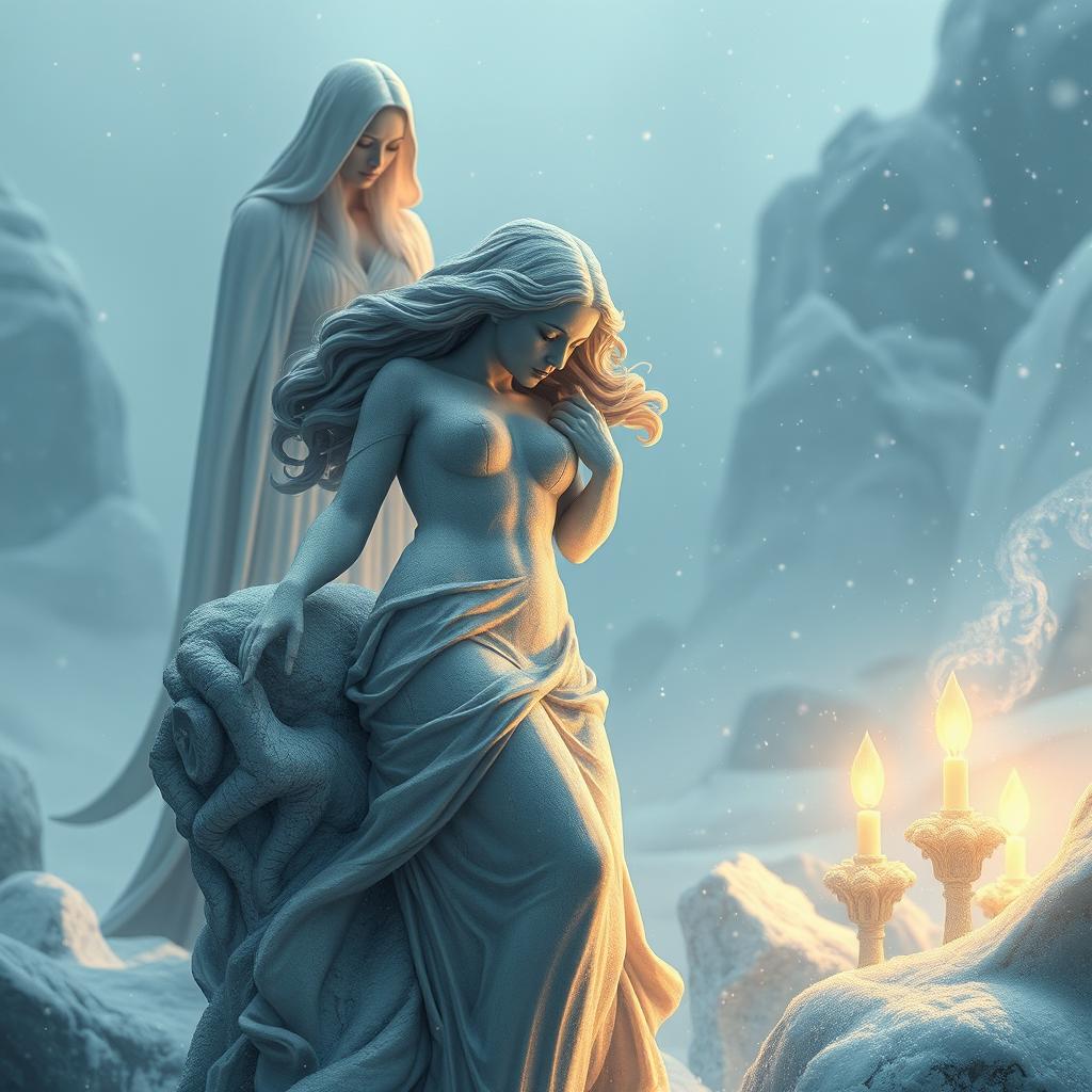 A captivating scene depicting a female figure transformed into a stone statue by Jadis, the White Witch