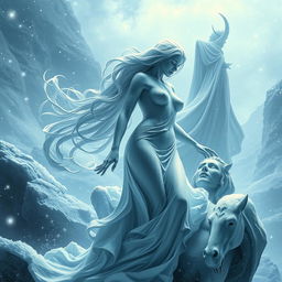 A captivating scene depicting a female figure transformed into a stone statue by Jadis, the White Witch
