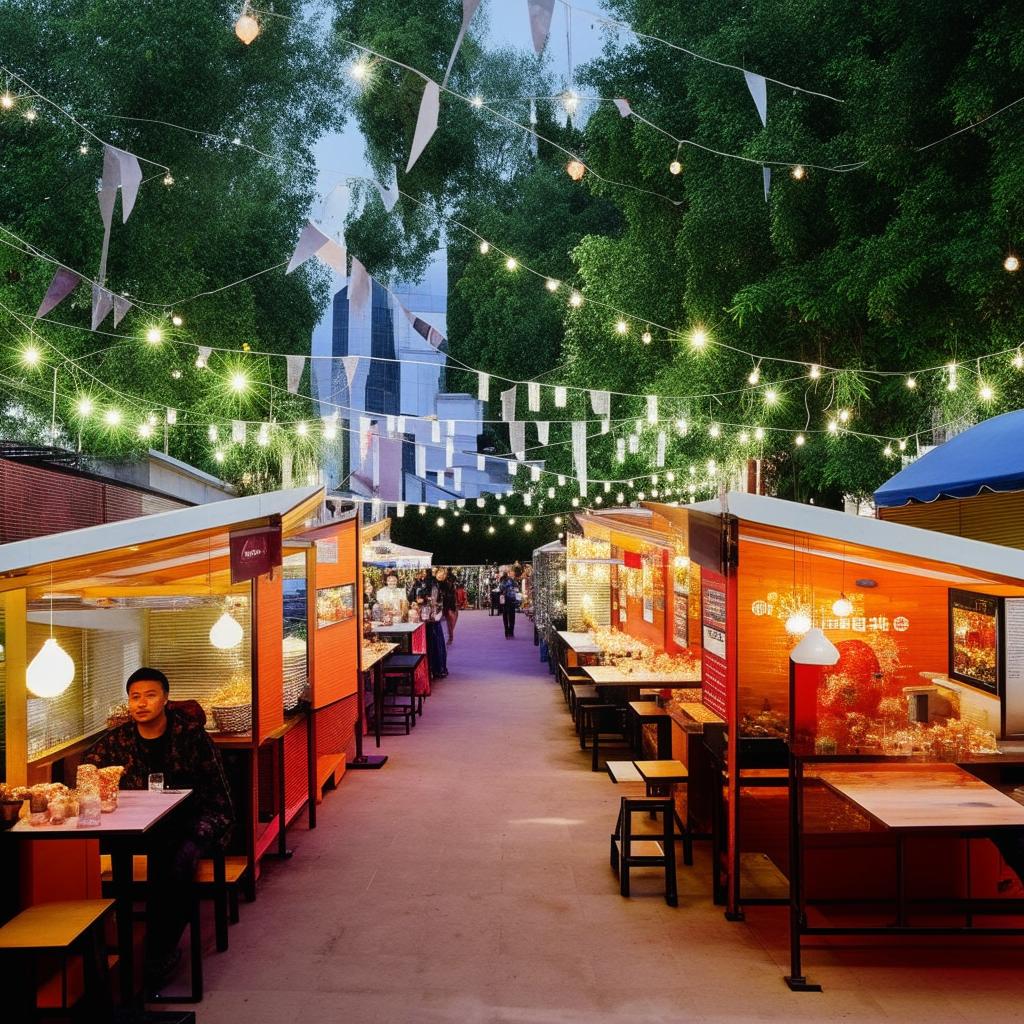 An outdoor food court for an event, creatively set up with budget-friendly food stalls. There is an array of culinary options, and the area is adorned with inventive decors, lending a vibrant and inviting atmosphere.