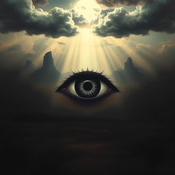 A surreal and symbolic representation of Dajjal, featuring a singular eye prominently displayed in the center, symbolizing foreboding and mystery