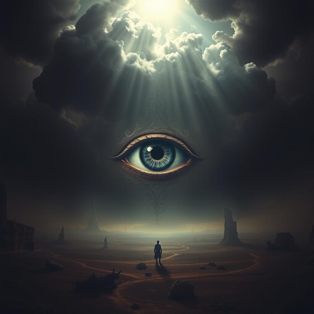 A surreal and symbolic representation of Dajjal, featuring a singular eye prominently displayed in the center, symbolizing foreboding and mystery