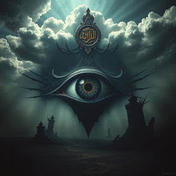 A surreal and symbolic representation of Dajjal, featuring a singular eye prominently displayed in the center, symbolizing foreboding and mystery