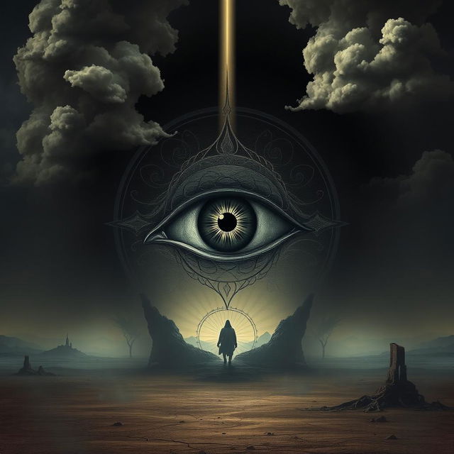 A surreal and symbolic representation of Dajjal, featuring a singular eye prominently displayed in the center, symbolizing foreboding and mystery