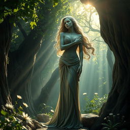 A mythical scene depicting a beautiful woman turned to stone, standing majestically in an ancient, overgrown forest