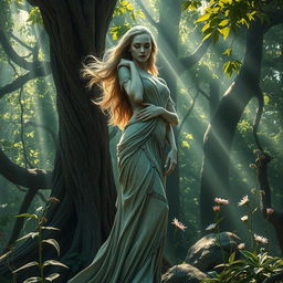 A mythical scene depicting a beautiful woman turned to stone, standing majestically in an ancient, overgrown forest