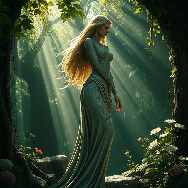 A mythical scene depicting a beautiful woman turned to stone, standing majestically in an ancient, overgrown forest